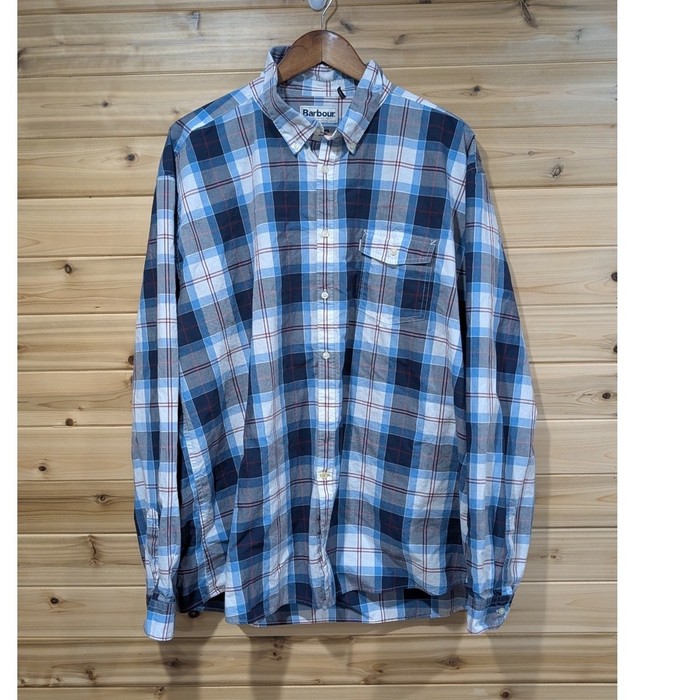 Barbour Cabin Shirt Mens XXL Blue Plaid Tailored Fit Cotton Button Down